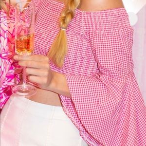Pink Gingham Off-the-Shoulder Crop Top